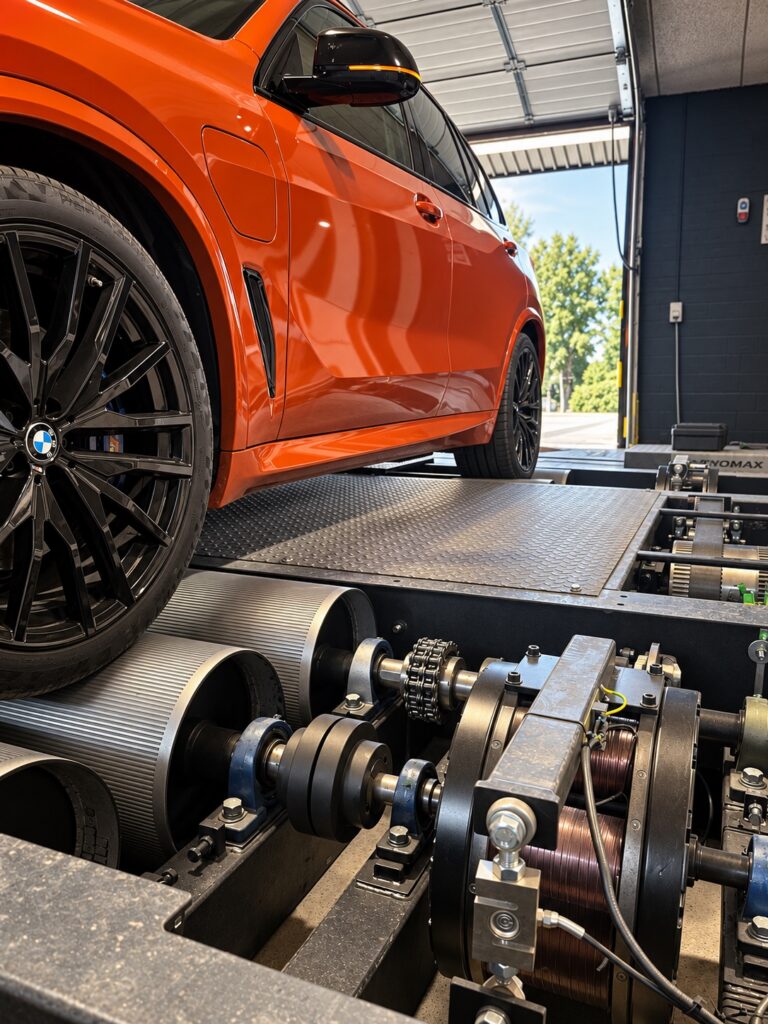 BMW SUV on the Dynomax 4000 BRD, showing the test rollers and electromagnetic retarder