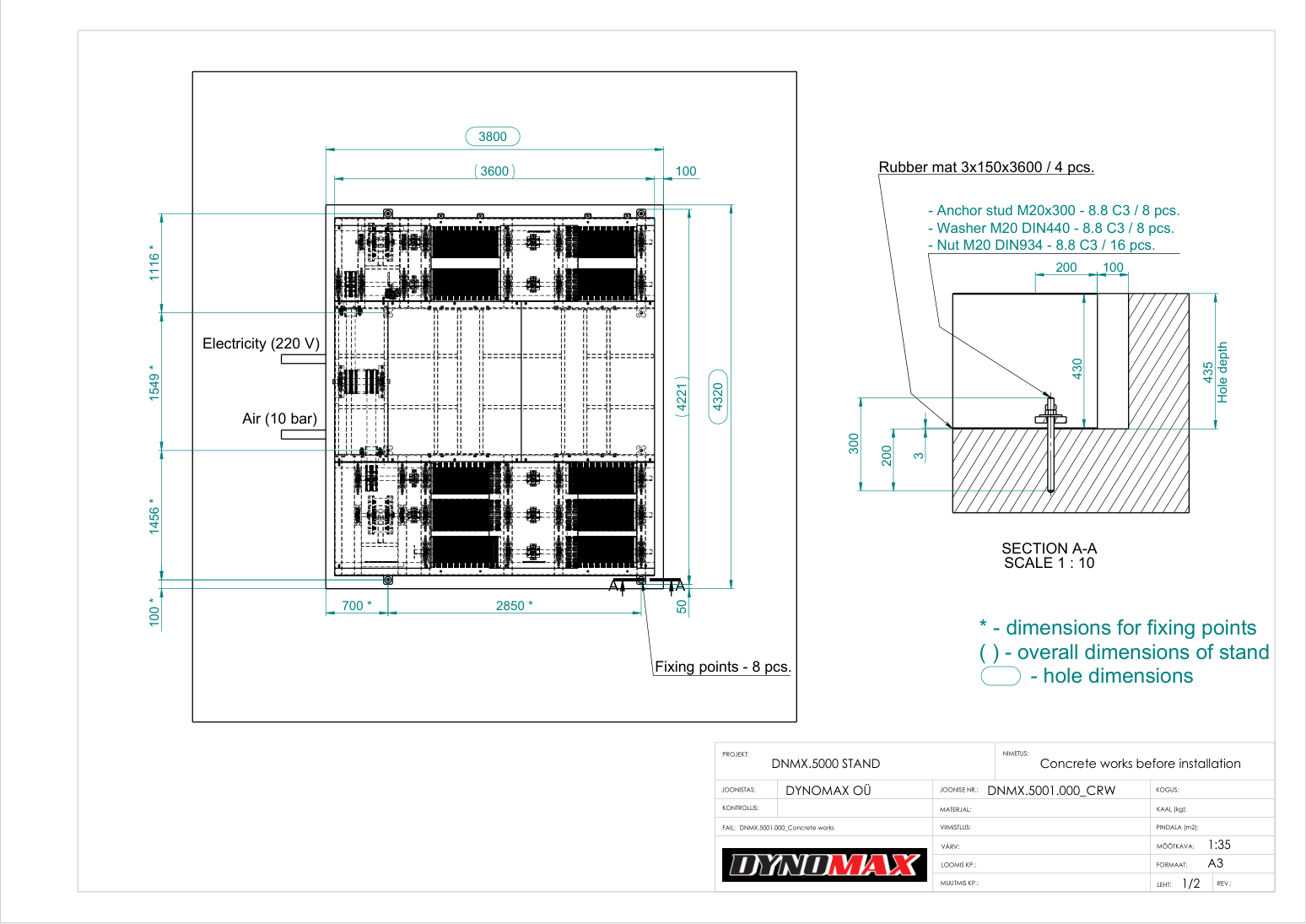 Dynomax 5000 BRD / PRO concrete works drawing: pit dimensions, fixing points and section A-A