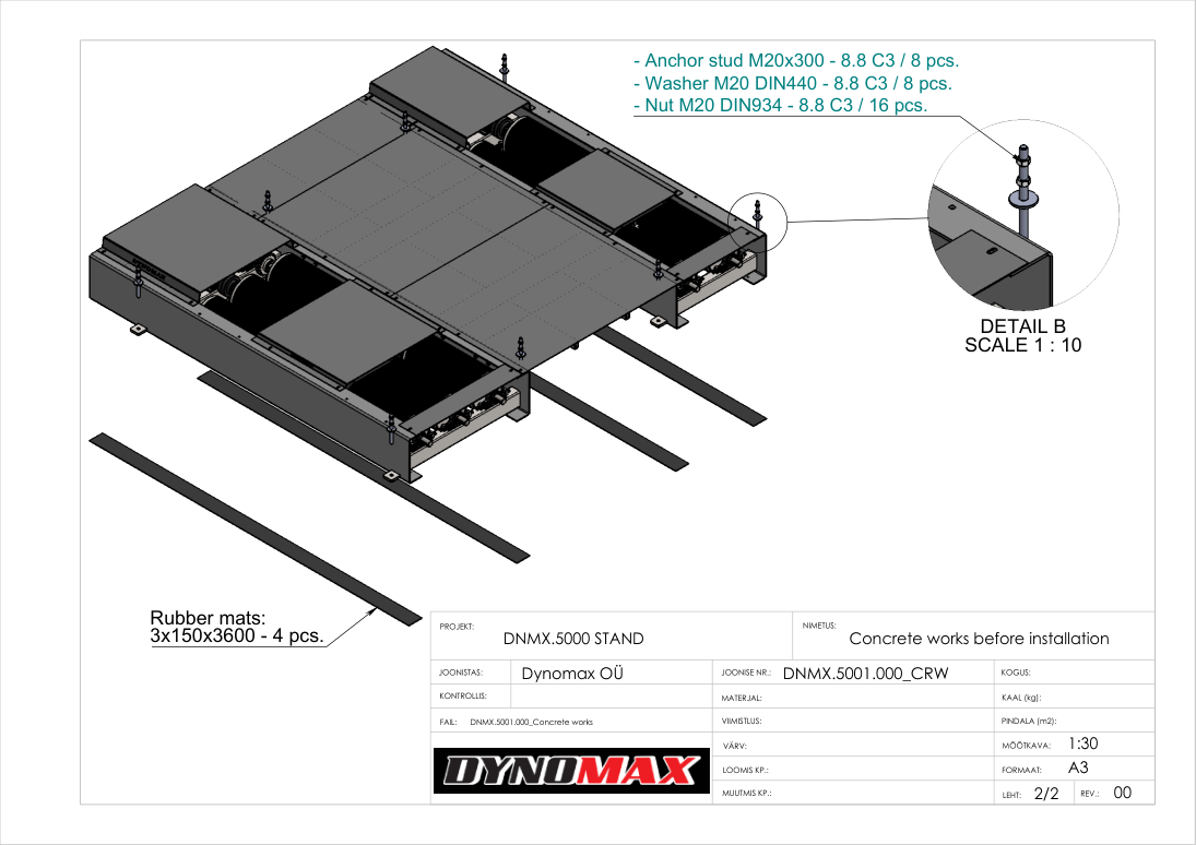 Dynomax 5000 BRD / PRO anchoring drawing with anchor studs, washers, nuts and rubber mats