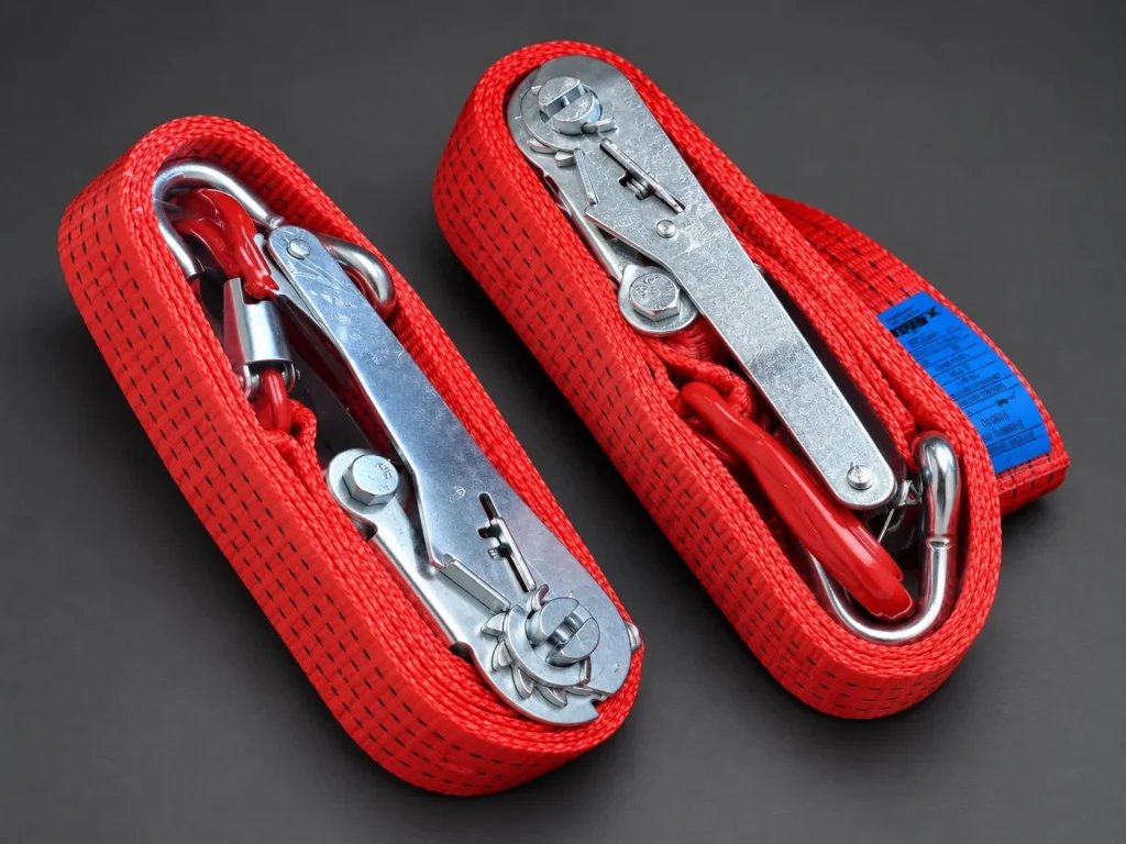 Red vehicle tie-down straps with ratchet tensioners and hooks