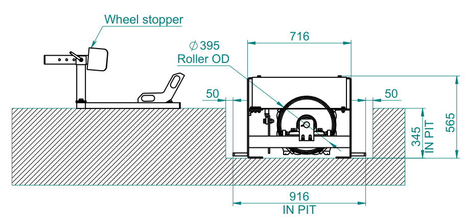 Dynomax MotoDyno in-pit installation drawing with dimensions in millimetres