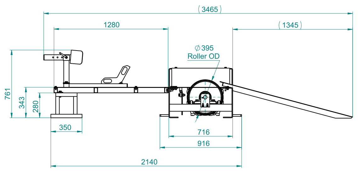 Dynomax MotoDyno surface-mounted installation drawing with dimensions in millimetres