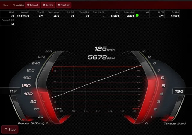 Dynomax software interface showing power, torque, RPM, speed and test controls