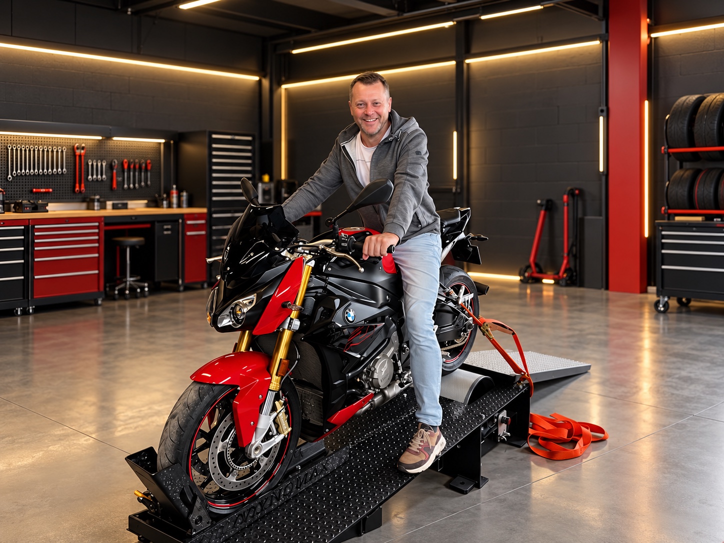 BMW motorcycle on a Dynomax MotoDyno test stand in a modern workshop